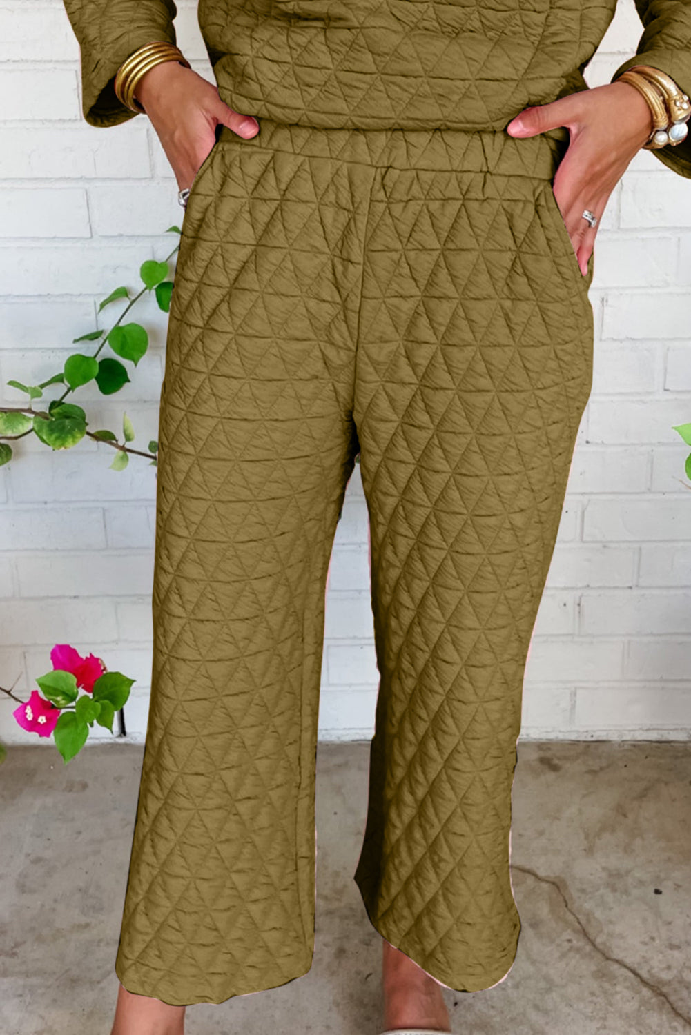 Solid Quilted Pullover and Pants Outfit-Variety of Colors Material: Material: 95% Polyester+5% Elastane  It includes a quilted pullover top and matching pants. It’s soft and comfy for all day wearing.
