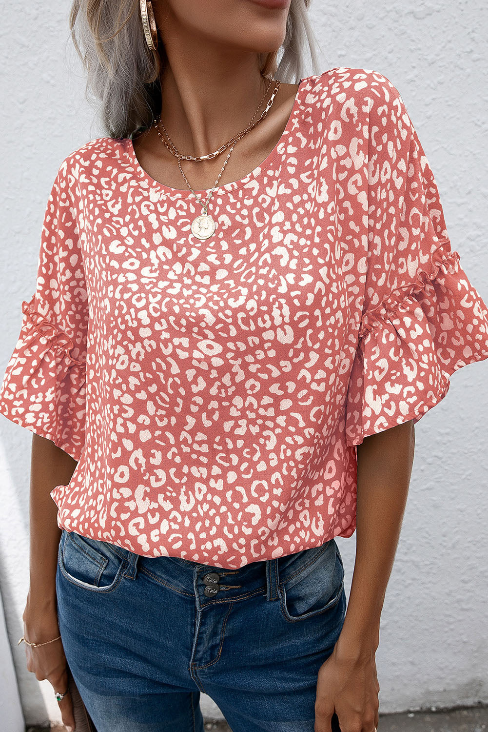 Pink Leopard Spotted Ruffle Sleeve Blouse