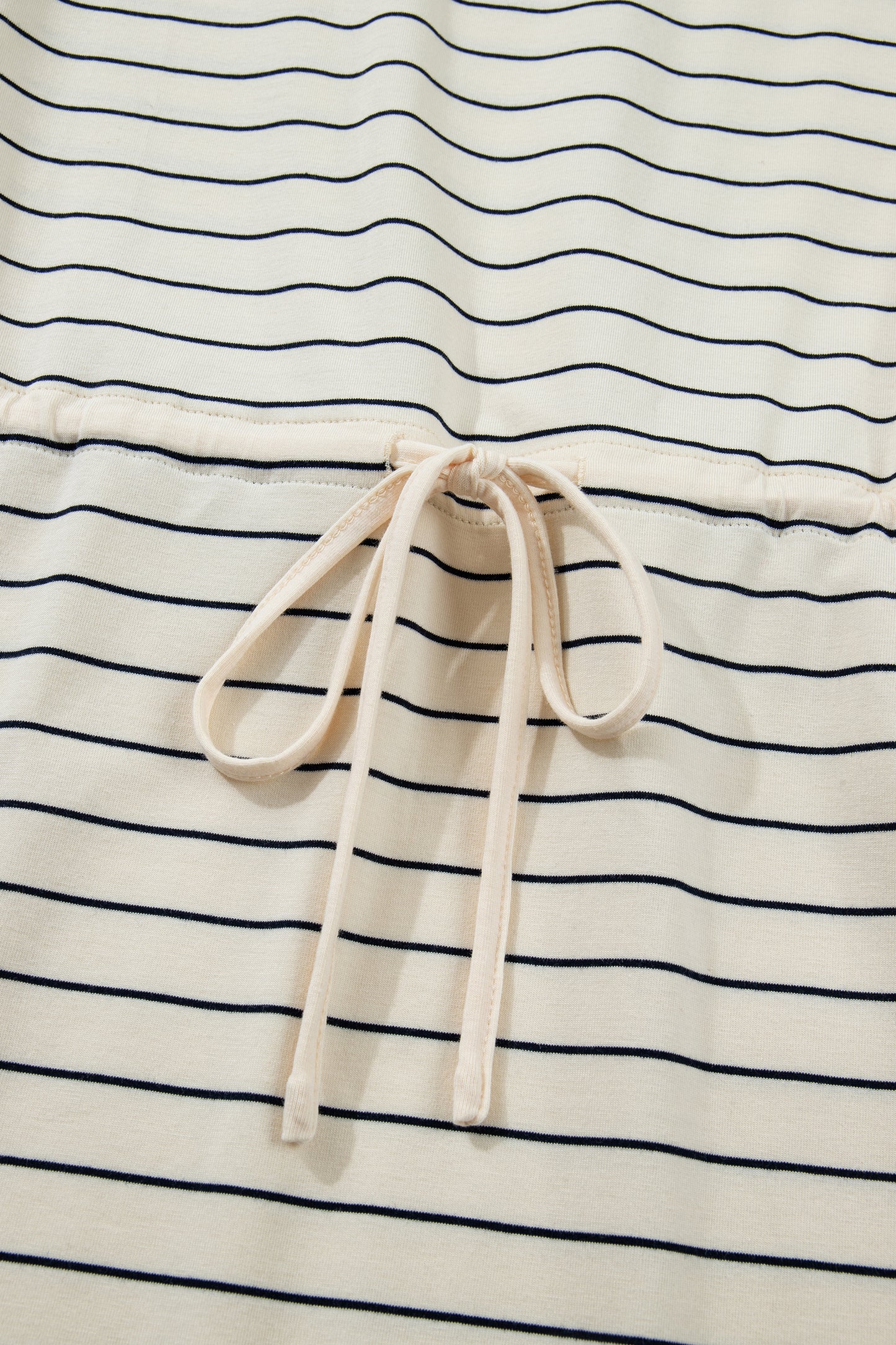 Beige striped drawstring tunic mini dress with pockets by Lavendar Lane Clothing, casual sleeveless dress with side pockets.