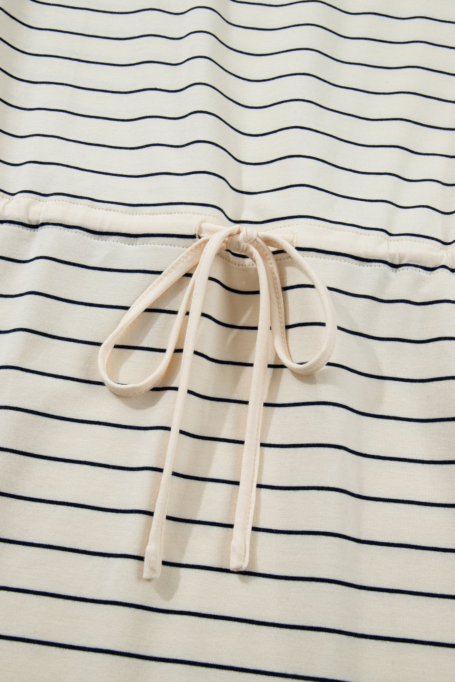 Beige striped drawstring tunic mini dress with pockets by Lavendar Lane Clothing, casual sleeveless dress with side pockets.