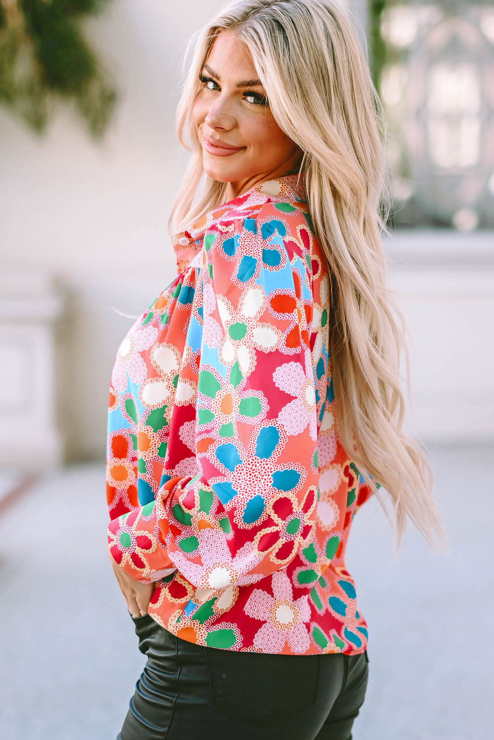 Multicolor Floral Print Bubble Sleeve Shirt