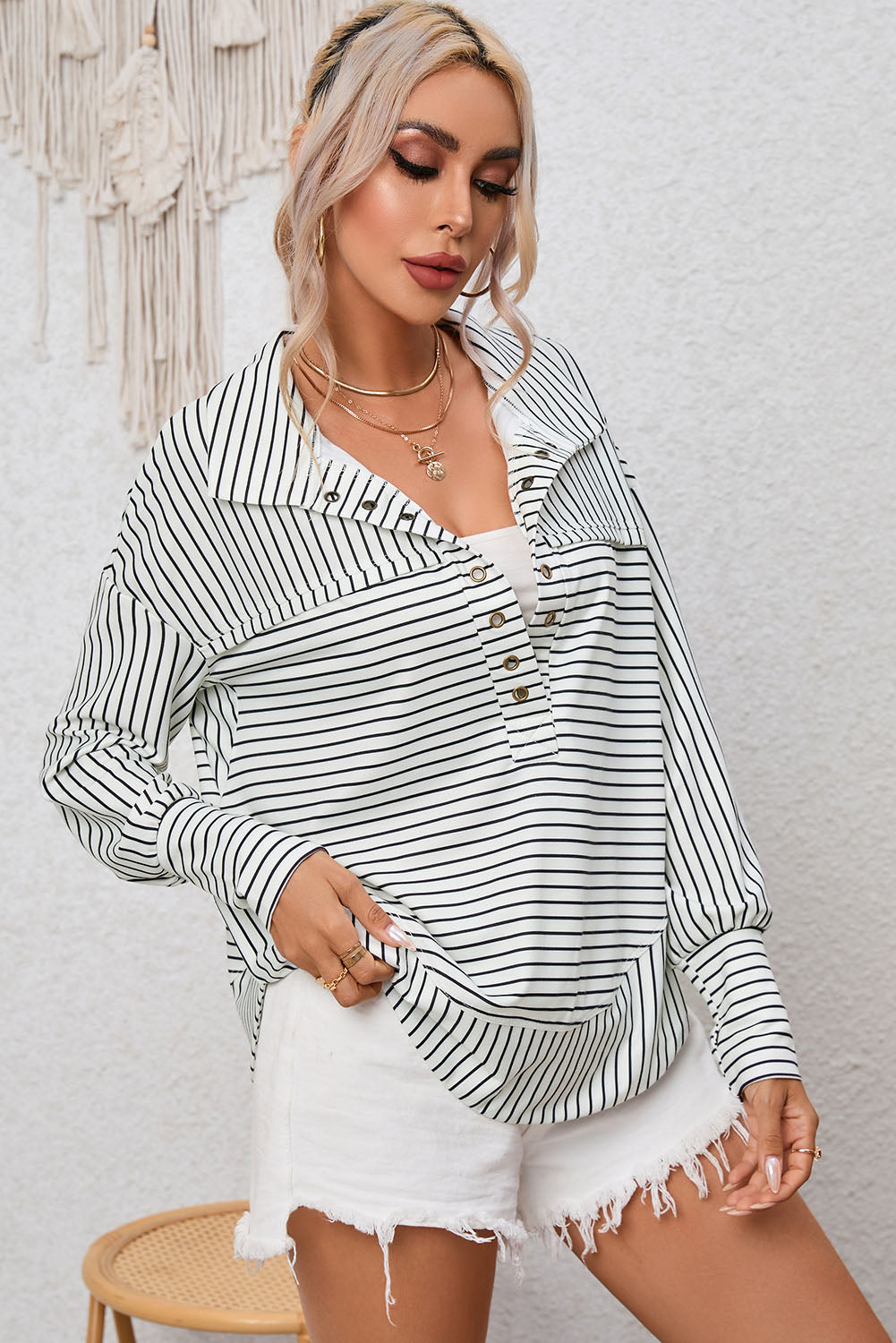 White Striped Thumbhole Drop Shoulder V Neck Top