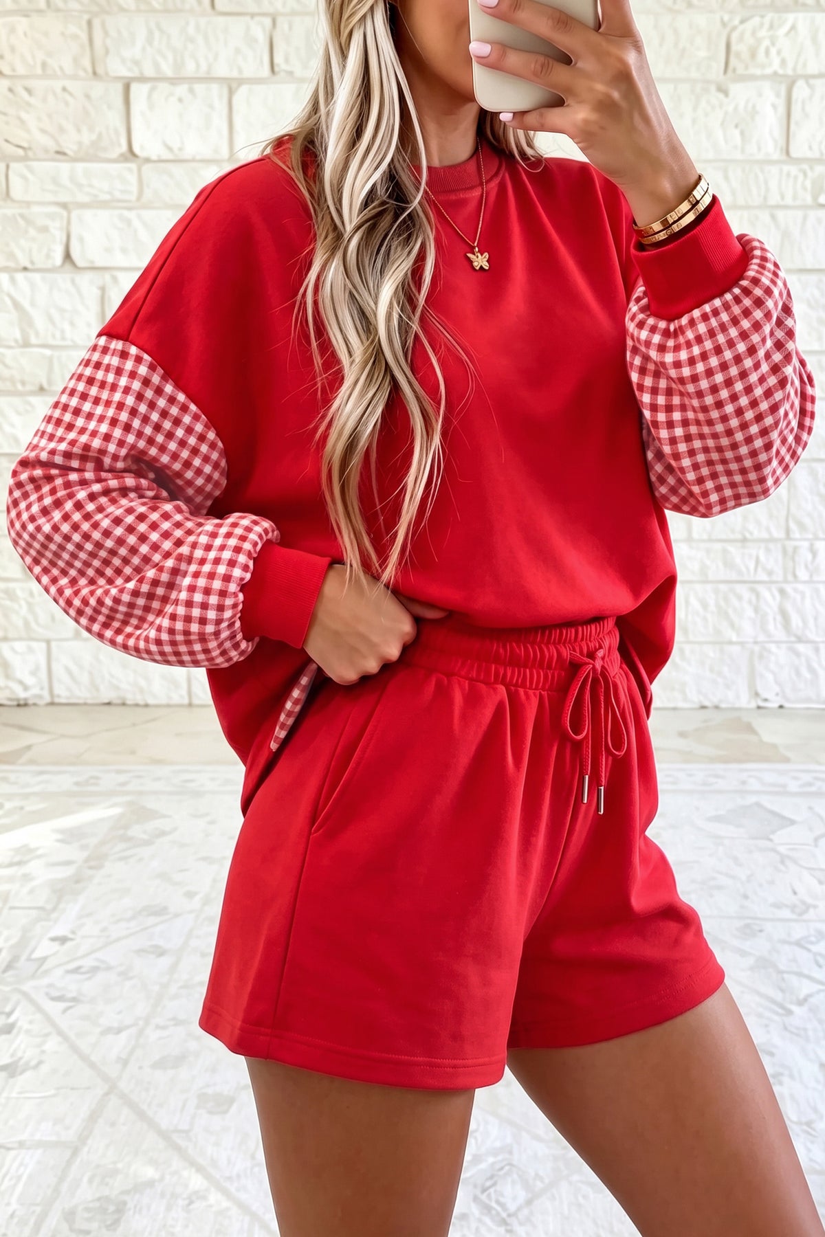 Blue Plaid Patchwork Long Sleeve Top Solid Drawstring Shorts Set