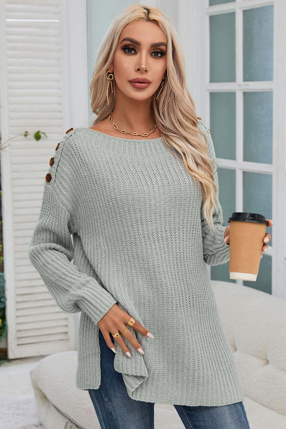 Gray Buttoned Drop Shoulder Oversized Sweater