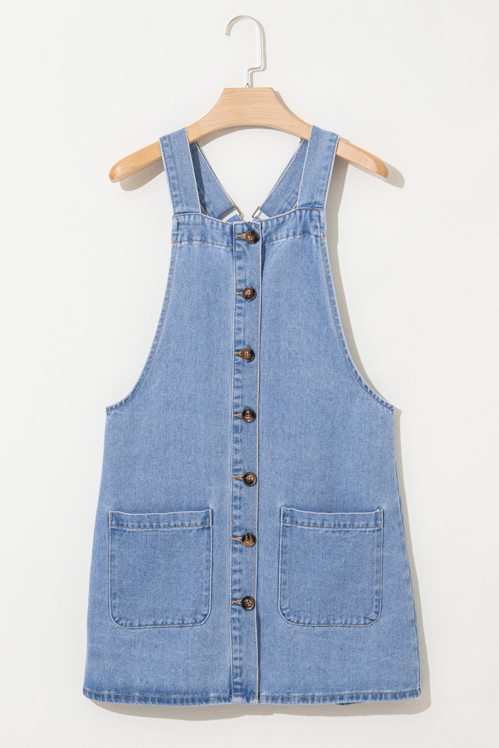 Wide Strap Button Front Pocketed Denim Mini Dress-Variety of Colors