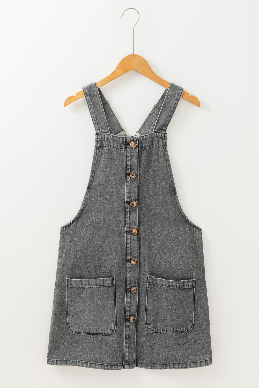 Wide Strap Button Front Pocketed Denim Mini Dress-Variety of Colors