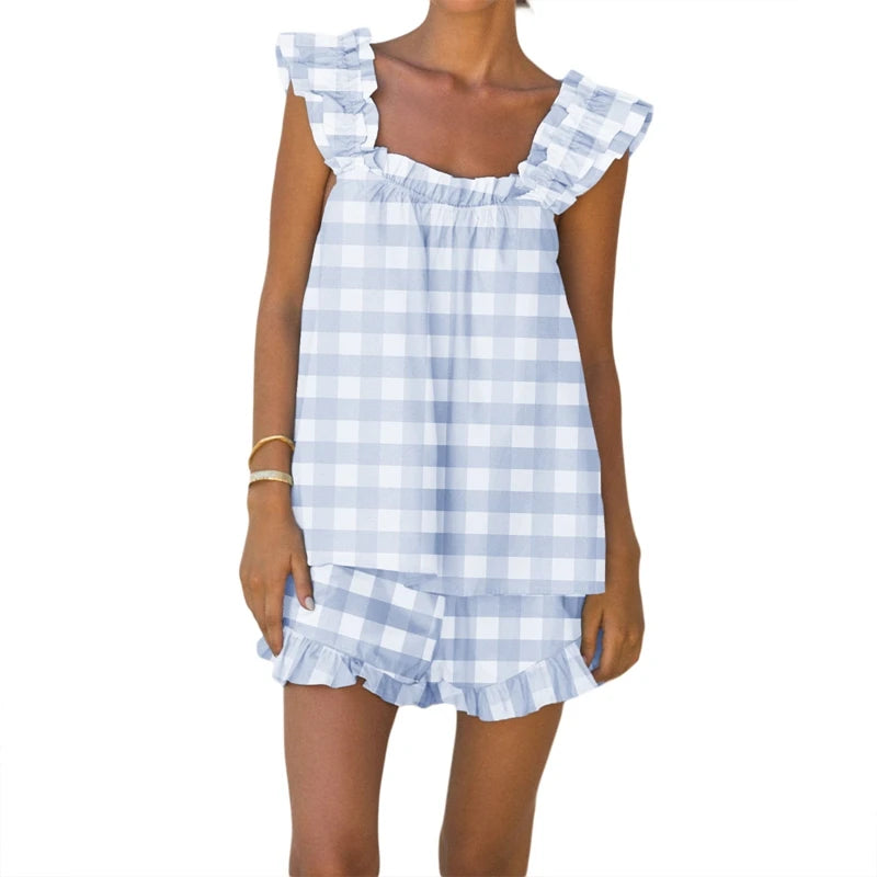 Women Striped Plaid 2 Piece Loungewear Set. Loose Sleeveless Tank Top + Ruffles Hem Shorts-Variety Of Sizes and Colors