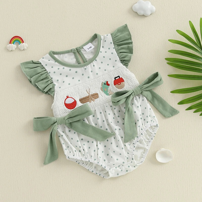 Baby girl romper by Lavendar Lane Clothing with dot print, flying sleeves, round neck, and fish embroidery design.