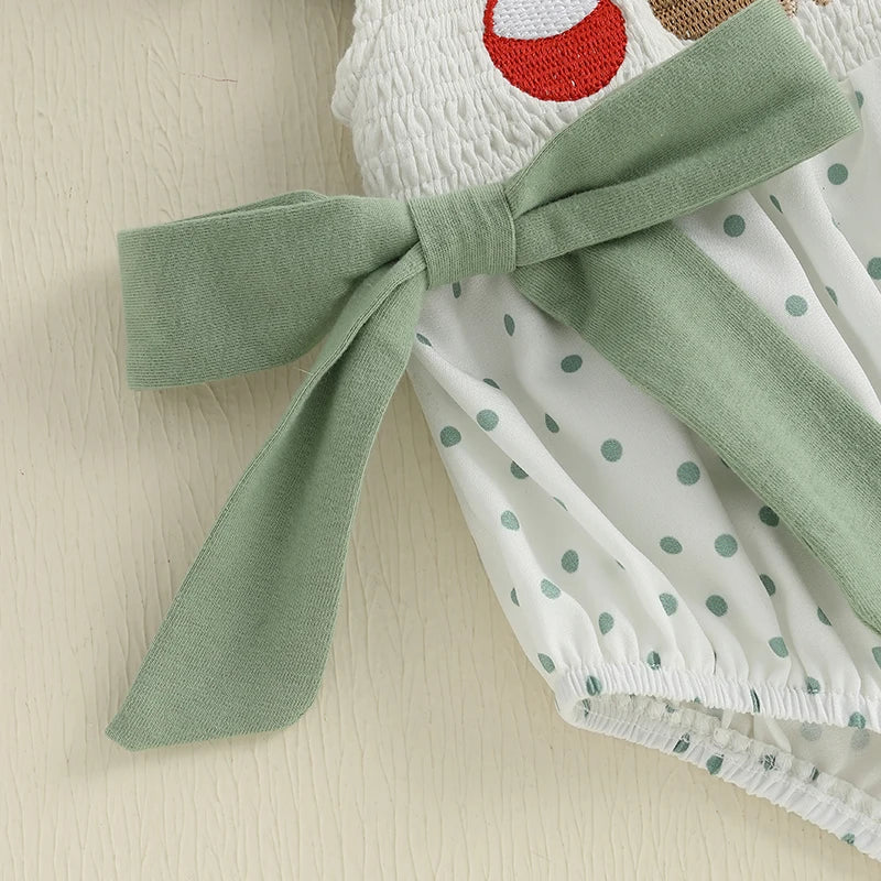 Baby girl dot print romper with flying sleeves, round neck, and fish embroidery from Lavendar Lane Clothing.
