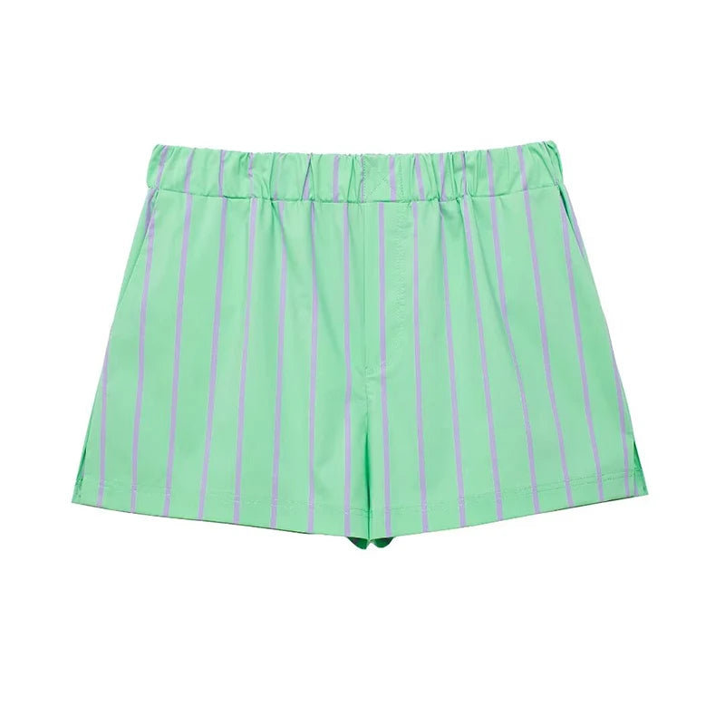 Women's Striped Button Top and Vintage Elastic Waist Striped Shorts.