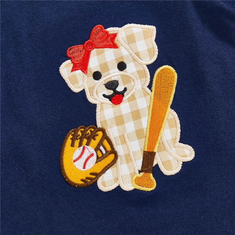 Toddler girl's summer 2-piece outfit from Lavendar Lane with dog embroidery tops and plaid shorts, featuring flying sleeve design.