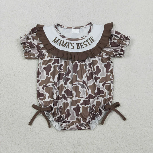Lavendar Lane Clothing girl's camo print romper featuring embroidery, bows, and ruffles for a stylish look.
