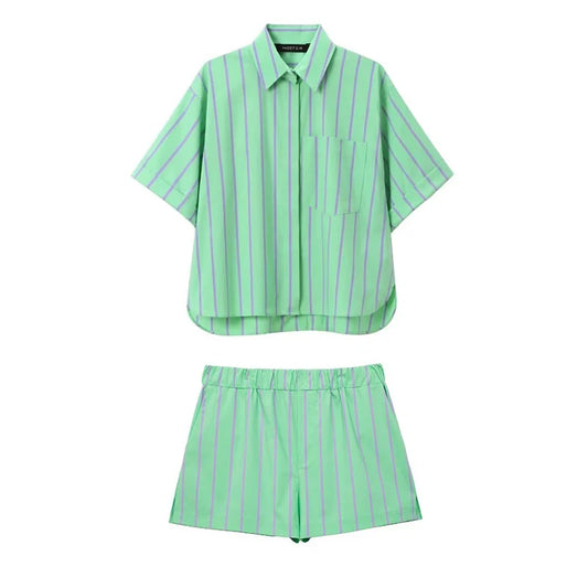 Women's Striped Button Top and Vintage Elastic Waist Striped Shorts.