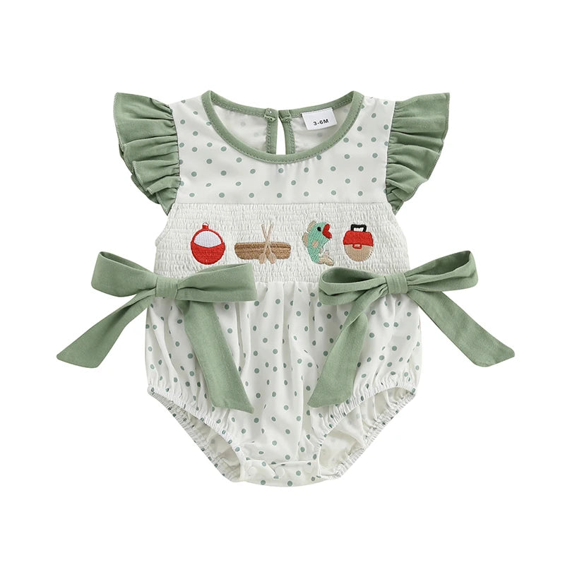 Baby girl romper with dot print, flying sleeves, round neck, and fish embroidery from Lavendar Lane Clothing.