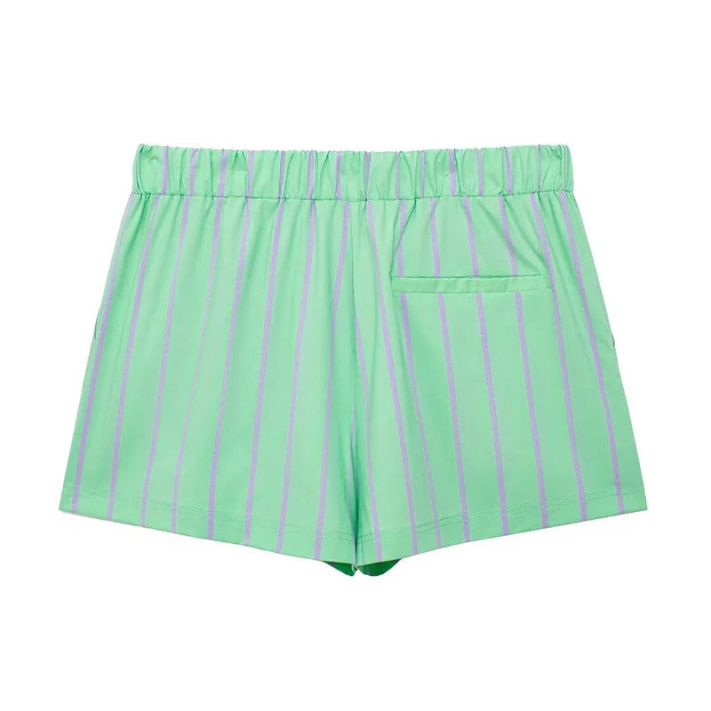 Women's Striped Button Top and Vintage Elastic Waist Striped Shorts.