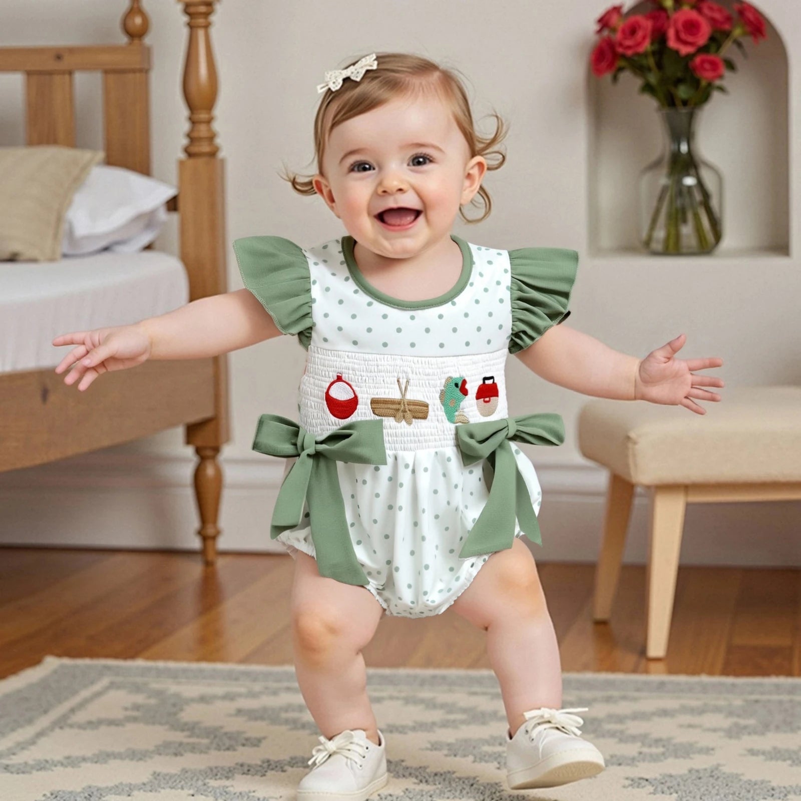 Baby girl dot print romper with flying sleeves, round neck, and fish embroidery from Lavendar Lane Clothing.