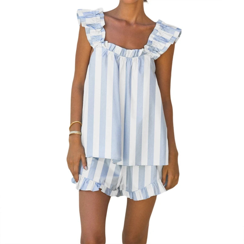Women Striped Plaid 2 Piece Loungewear Set. Loose Sleeveless Tank Top + Ruffles Hem Shorts-Variety Of Sizes and Colors