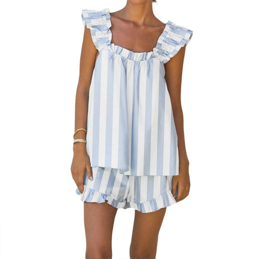 Women Striped Plaid 2 Piece Loungewear Set. Loose Sleeveless Tank Top + Ruffles Hem Shorts-Variety Of Sizes and Colors