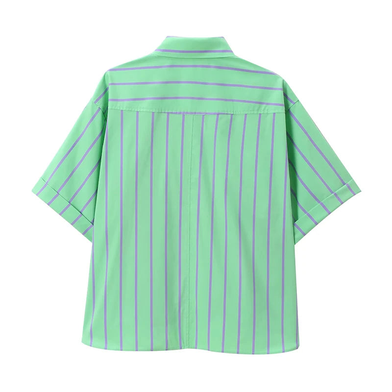 Women's Striped Button Top and Vintage Elastic Waist Striped Shorts.