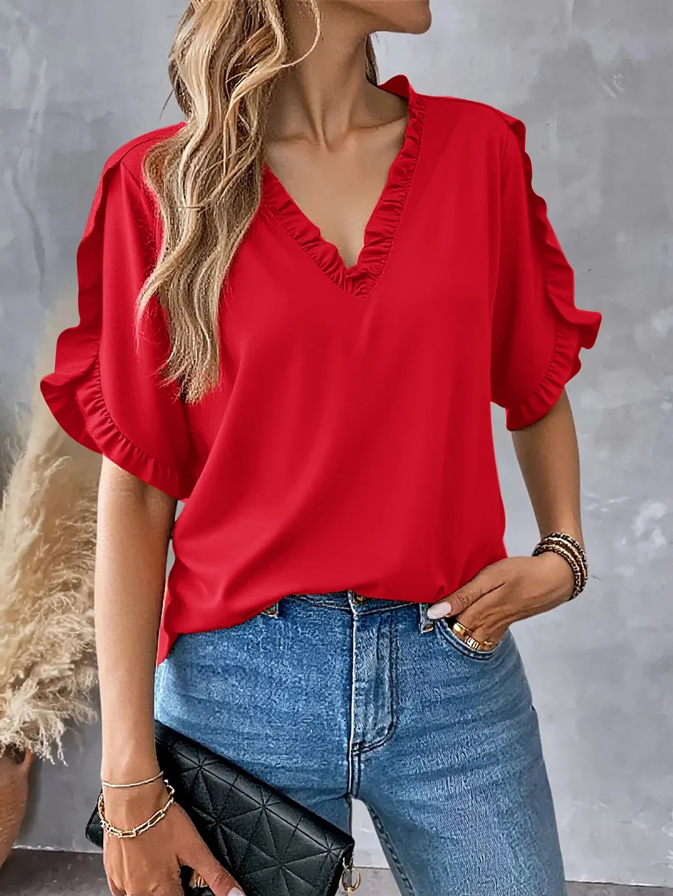 Lavender Lane Clothing women's petal short sleeve V-neck blouse in various colors, lightweight fabric, stylish and comfortable.