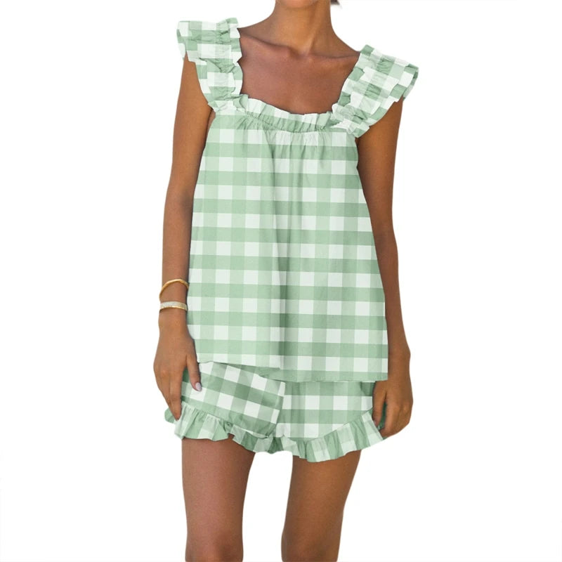Women Striped Plaid 2 Piece Loungewear Set. Loose Sleeveless Tank Top + Ruffles Hem Shorts-Variety Of Sizes and Colors