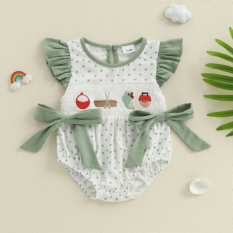Baby girl dot print romper with flying sleeves, round neck, and fish embroidery from Lavendar Lane Clothing.