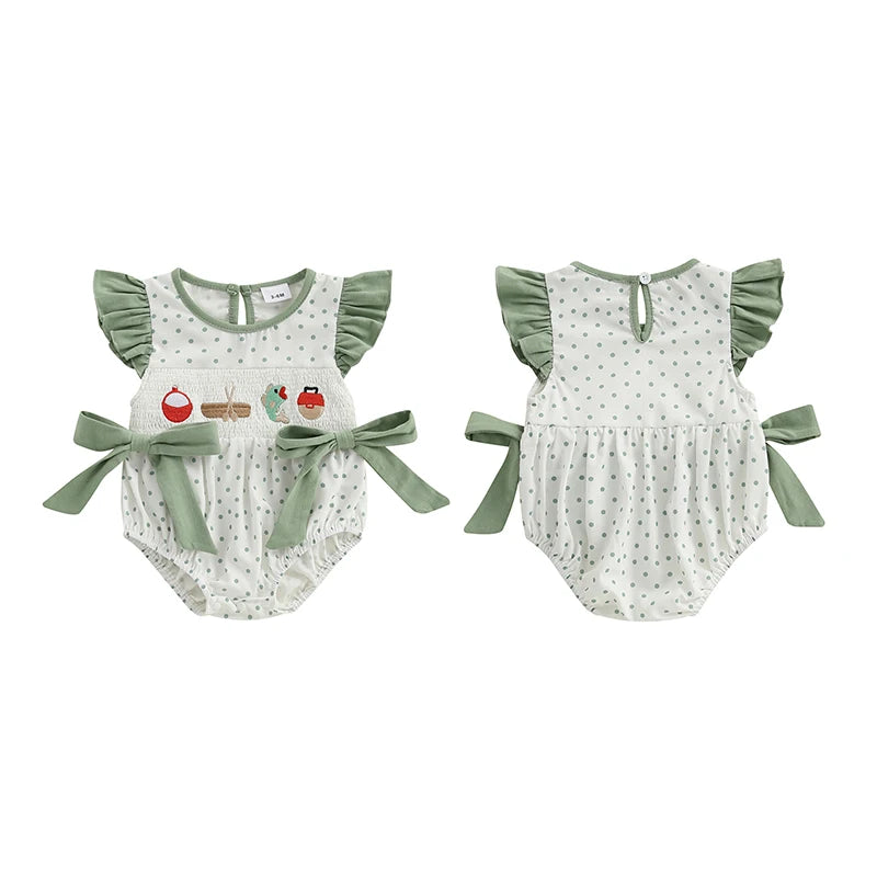 Lavendar Lane Baby Girl romper with dot print, flying sleeves, round neck, and fish embroidery in a bubble design.