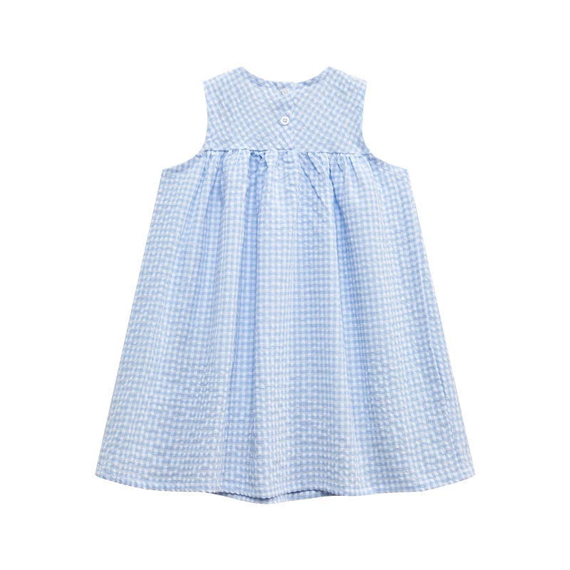 Girl's cotton dress by Lavendar Lane Clothing featuring a lattice design and cute duck print on a vibrant background.