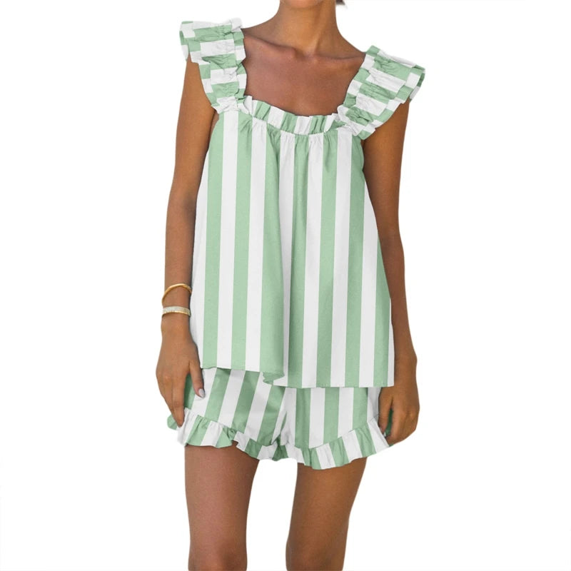 Women Striped Plaid 2 Piece Loungewear Set. Loose Sleeveless Tank Top + Ruffles Hem Shorts-Variety Of Sizes and Colors