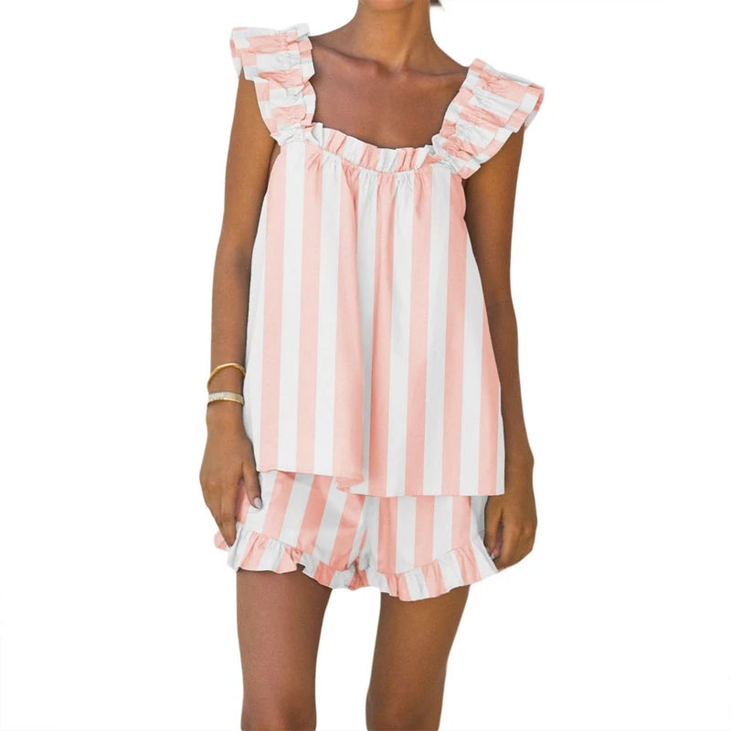 Women Striped Plaid 2 Piece Loungewear Set. Loose Sleeveless Tank Top + Ruffles Hem Shorts-Variety Of Sizes and Colors
