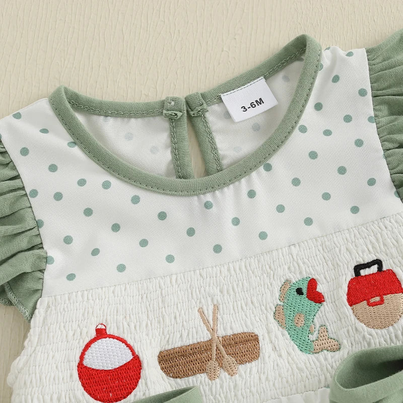 Baby girl dot print romper with flying sleeves, round neck, and fish embroidery by Lavendar Lane Clothing.