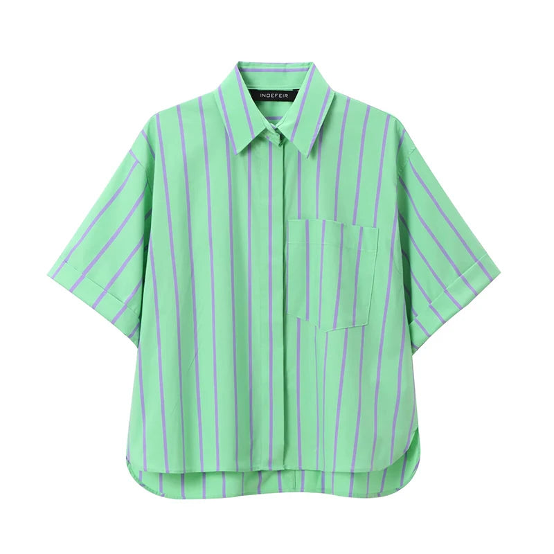 Women's Striped Button Top and Vintage Elastic Waist Striped Shorts.