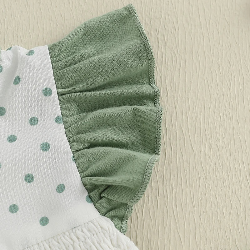 Baby girl dot print romper with flying sleeves, round neck, and fish embroidery by Lavendar Lane Clothing.