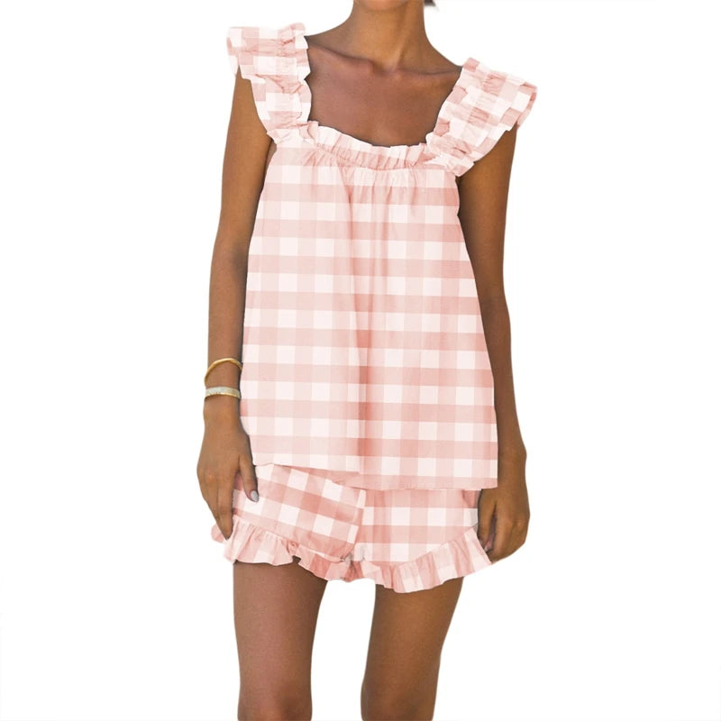 Women Striped Plaid 2 Piece Loungewear Set. Loose Sleeveless Tank Top + Ruffles Hem Shorts-Variety Of Sizes and Colors
