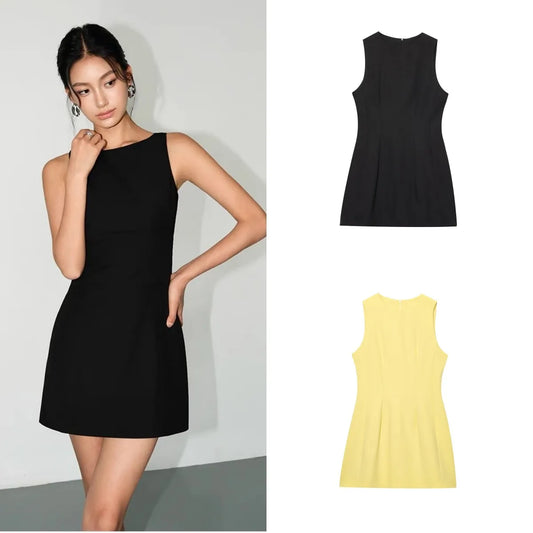 Women's Elegant Classic Round Neck Sleeveless Dress-Variety of Colors and Sizes