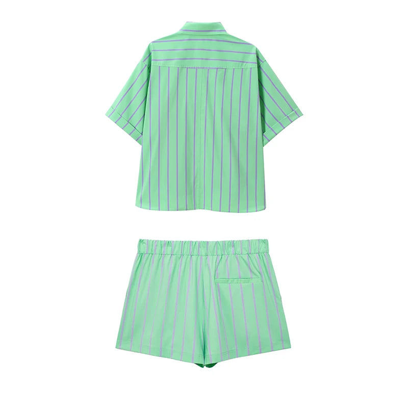 Women's Striped Button Top and Vintage Elastic Waist Striped Shorts.
