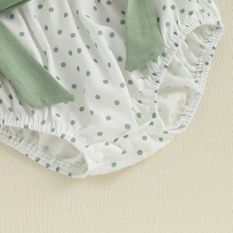 Baby girl romper with dot print, flying sleeves, round neck, and fish embroidery by Lavendar Lane Clothing.