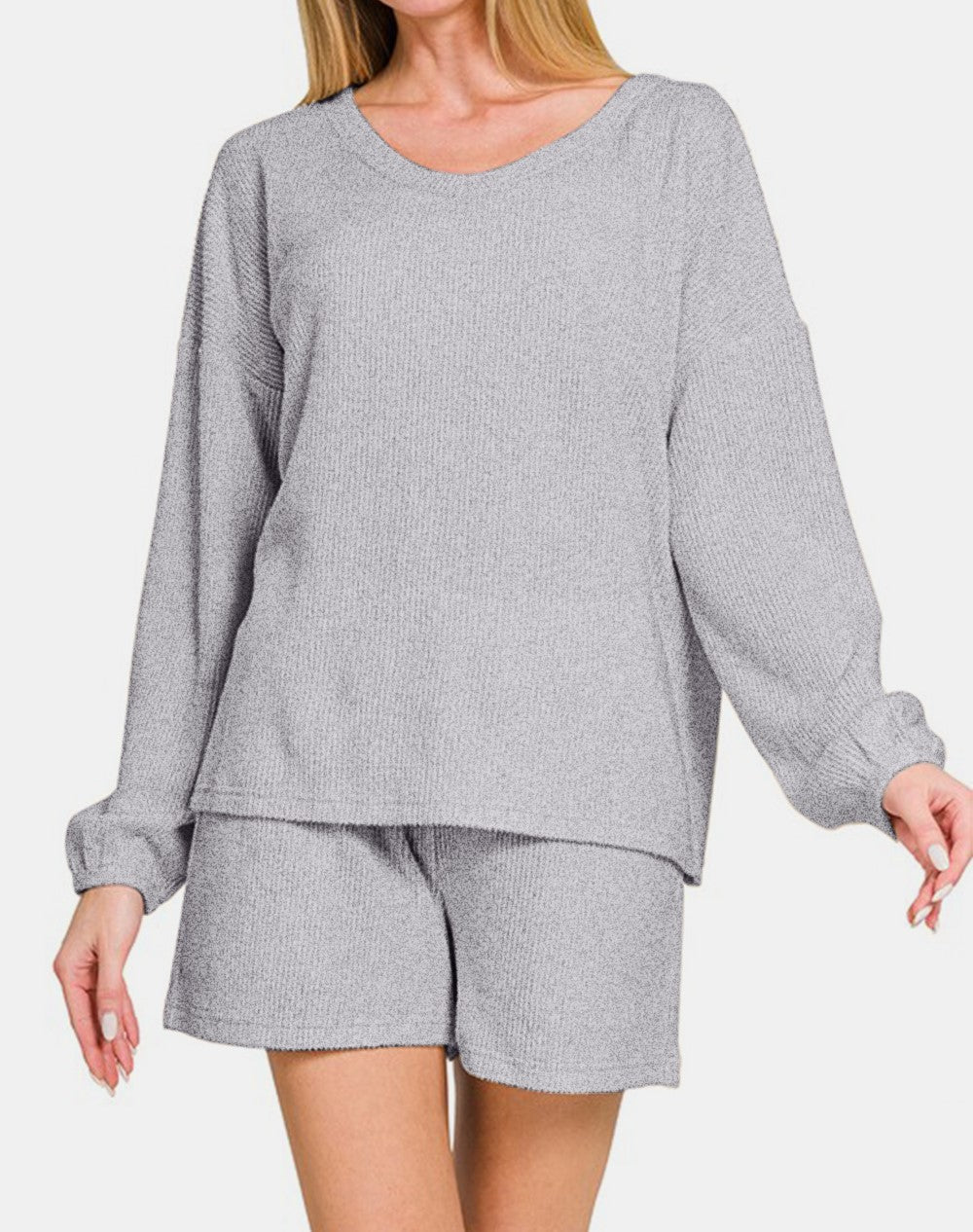 Zenana V-Neck Long Sleeve Ribbed Top and Shorts Set-Variety of Colors