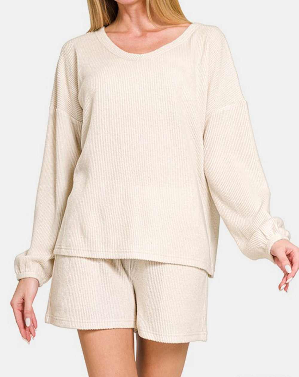 Zenana V-Neck Long Sleeve Ribbed Top and Shorts Set-Variety of Colors