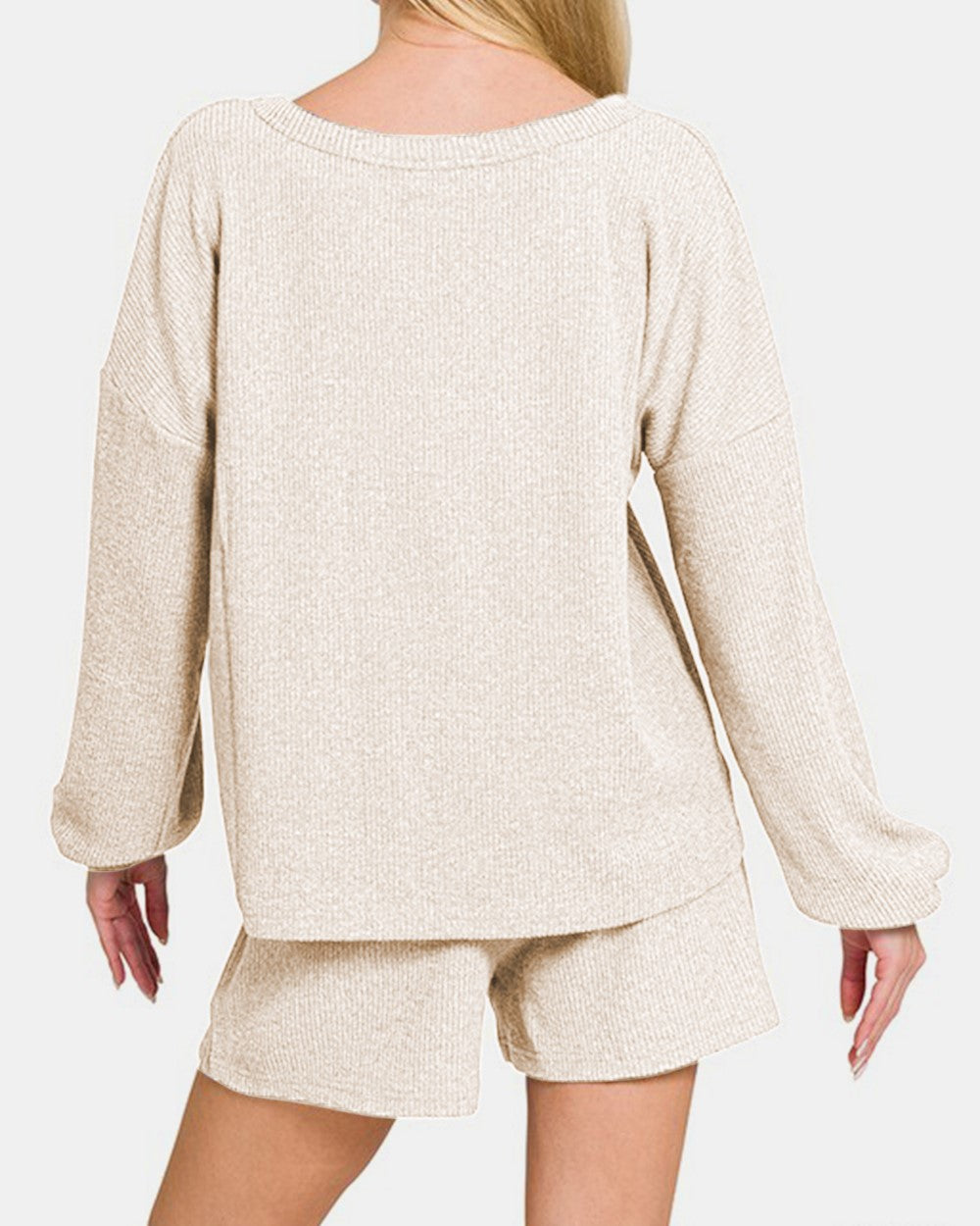 Zenana V-Neck Long Sleeve Ribbed Top and Shorts Set-Variety of Colors