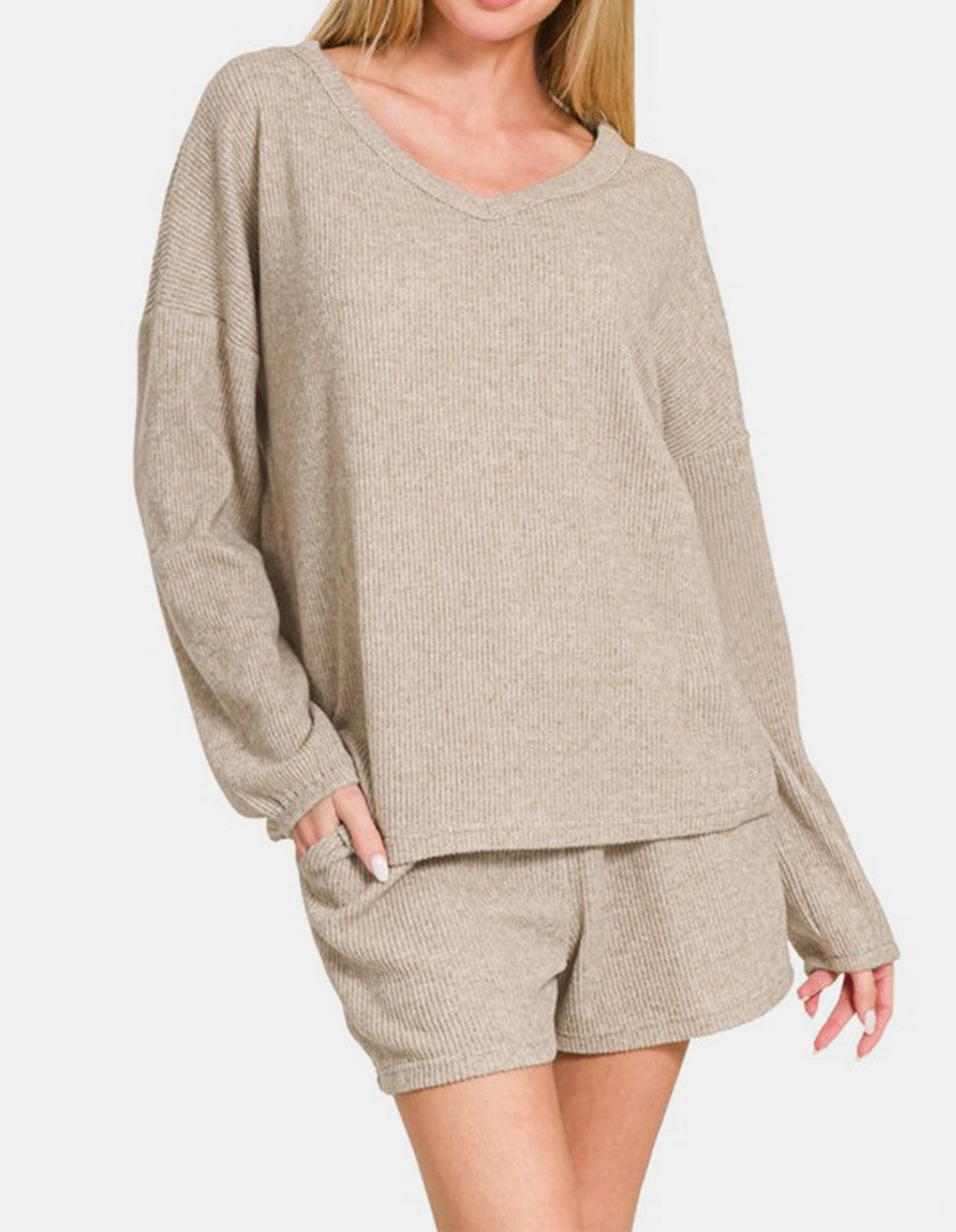 Zenana V-Neck Long Sleeve Ribbed Top and Shorts Set-Variety of Colors