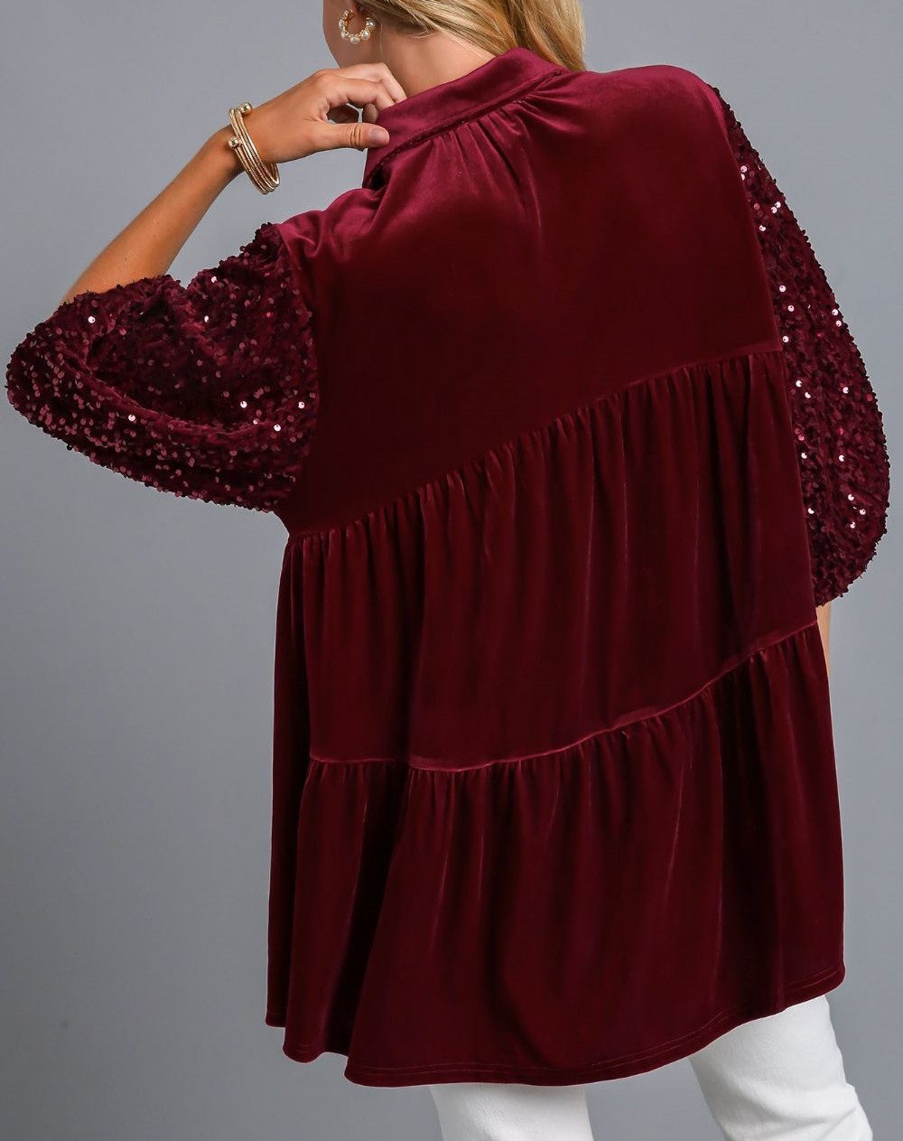 Umgee Sequin Detail Tiered Back Half Sleeve Shirt-Variety of Colors