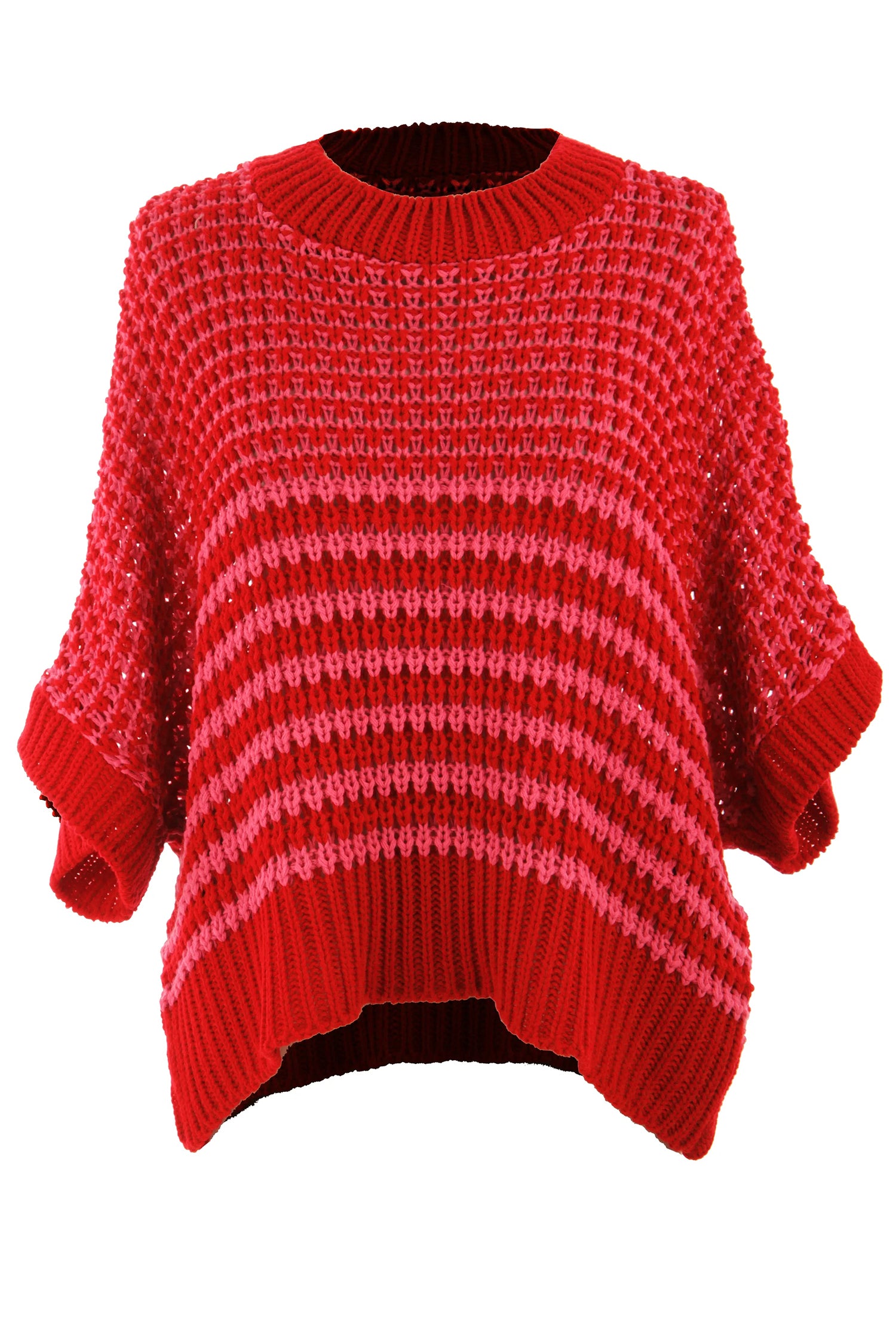 Lavendar Lane Clothing red stripe 3/4 draped sleeve slouchy sweater with relaxed fit and casual style, displayed on a neutral background.