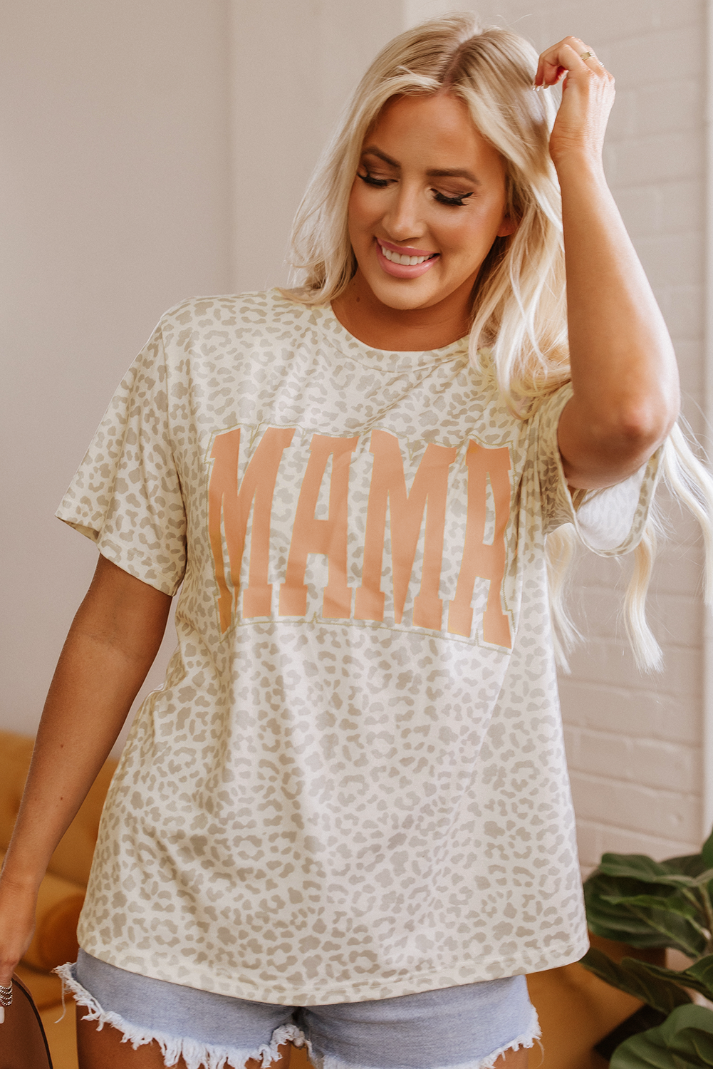 Yellow MAMA Letter Graphic Leopard Loose Tee Shirt
