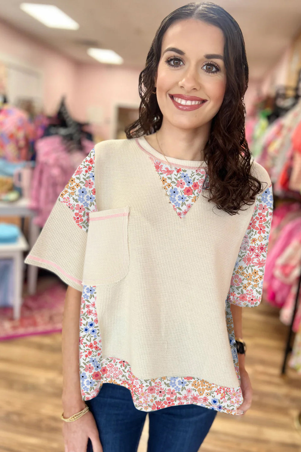 Beige Floral Patchwork Chest Pocket Wide Sleeve Waffle Top