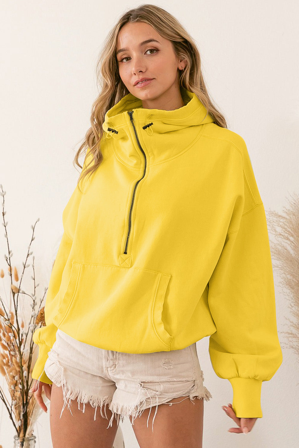 Yellow Ribbed Trim Kangaroo Pocket Zipped Hoodie