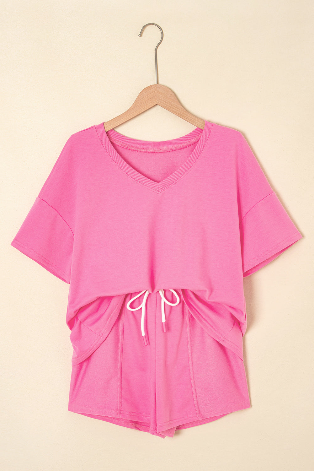 Bonbon V Neck Drop Shoulder Top and Patchwork Drawstring Shorts Set