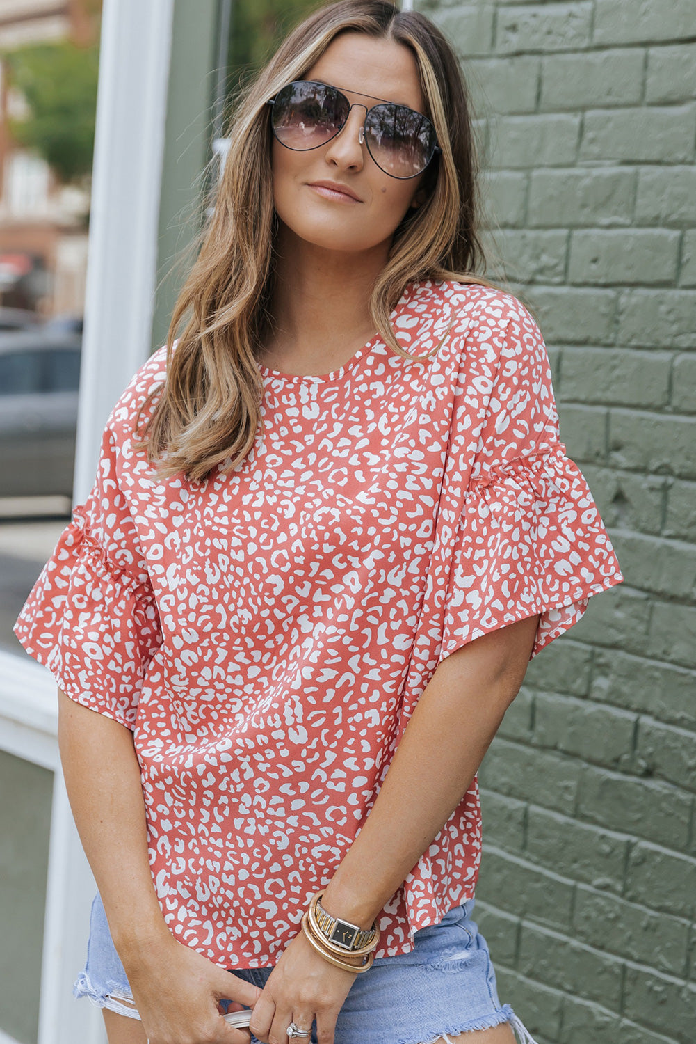 Pink Leopard Spotted Ruffle Sleeve Blouse