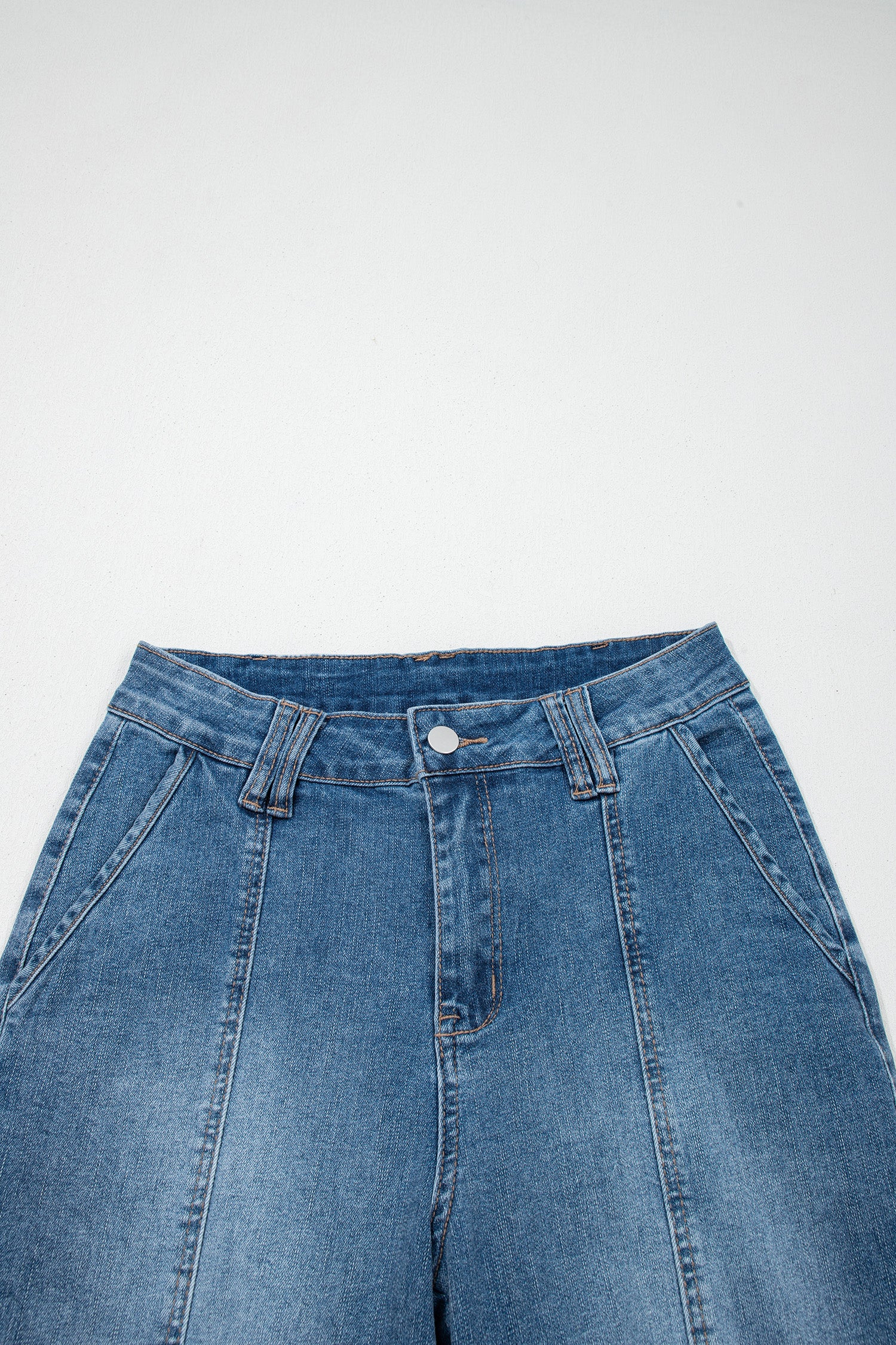 Lavendar Lane Clothing Sail Blue straight jeans with exposed stitching, featuring a classic denim look and modern fit.
