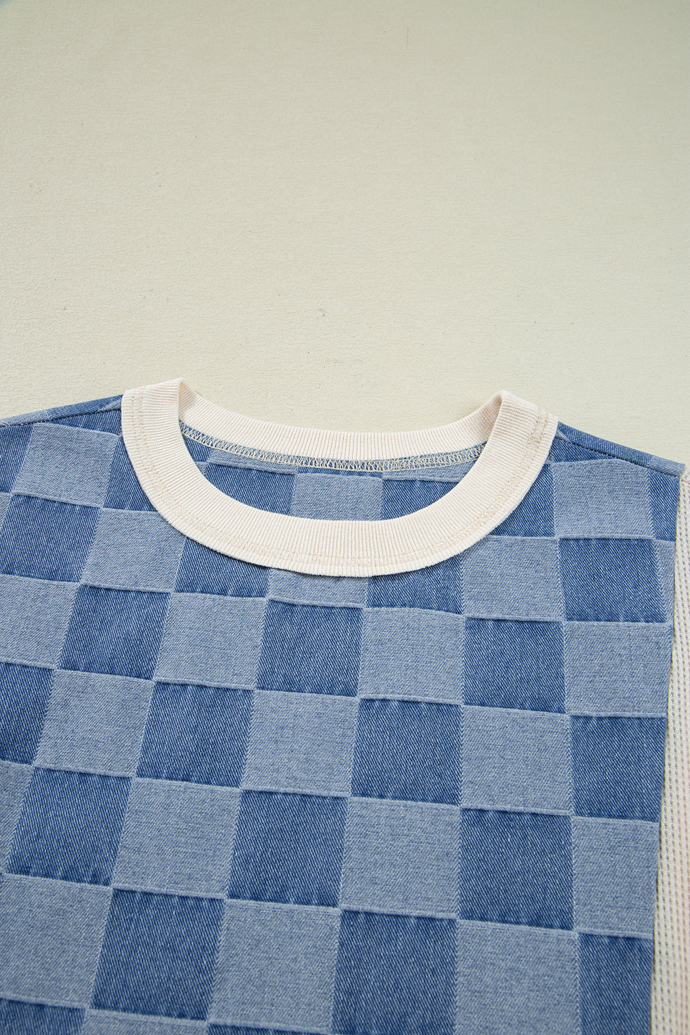 Sky Blue Oversized Checkered Denim Exposed Seam Patchwork Casual Top